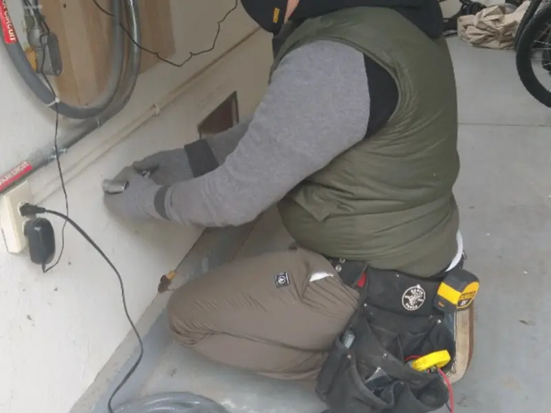 Electrician performing outlet wiring in a Berwick garage